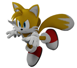 Size: 2450x2160 | Tagged: safe, artist:callaredmetal, miles "tails" prower, 2025, 3d, flying, looking offscreen, mid-air, pointing, simple background, smile, solo, spinning tails, transparent background