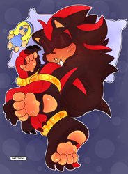 Size: 2864x3893 | Tagged: safe, artist:dirtyteethkoi, artist:dirtyteeths, maria robotnik, shadow the hedgehog, 2020, abstract background, barefoot, blushing, chest fluff, claws, clenched teeth, cute, eyes closed, gloves off, lying down, lying on side, outline, pawpads, paws, pillow, shadowbetes, signature, sleeping, solo, stuffed animal