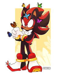 Size: 2368x3144 | Tagged: safe, artist:dirtyteethkoi, artist:dirtyteeths, shadow the hedgehog, 2020, abstract background, arms folded, blushing, bug, butterfly, clenched teeth, cute, eyelashes, literal animal, shadowbetes, signature, solo focus, standing
