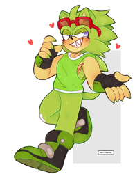 Size: 3190x4082 | Tagged: safe, artist:dirtyteethkoi, artist:dirtyteeths, scourge the hedgehog, 2019, abstract background, blushing, claws, clenched teeth, eyelashes, fingerless gloves, heart, lidded eyes, mario and sonic at the 2020 olympic games, sharp teeth, signature, smile, solo, standing