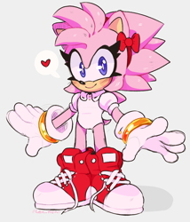 Size: 1810x2118 | Tagged: safe, artist:dirtyteethkoi, artist:dirtyteeths, amy rose, 2020, alternate eye color, amybetes, bow, cute, eyelashes, grey background, headband, heart, looking at viewer, purple eyes, redesign, shadow (lighting), shoelaces, simple background, smile, solo, standing