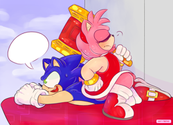 Size: 4257x3080 | Tagged: safe, artist:dirtyteethkoi, artist:dirtyteeths, amy rose, sonic the hedgehog, 2020, abstract background, blushing, duo, eyes closed, frown, hand on hip, holding something, lying on front, mouth open, piko piko hammer, redraw, signature, sitting on them, sonic x, speech bubble, sweatdrop