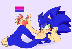Size: 3264x2208 | Tagged: safe, artist:dirtyteethkoi, artist:dirtyteeths, sonic the hedgehog, 2020, barefoot, bisexual, bisexual pride, blushing, claws, clenched teeth, eyelashes, gloves off, head rest, looking at viewer, lying down, pawpads, paws, pride flag, purple background, simple background, smile, solo