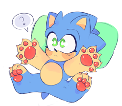 Size: 3896x3376 | Tagged: safe, artist:dirtyteethkoi, artist:dirtyteeths, sonic the hedgehog, 2020, :<, aged down, arms out, baby, baby sonic, blushing, claws, cute, eyelashes, frown, legs spread, looking up, lying down, pawpads, paws, pillow, question mark, simple background, solo, sonabetes, spread legs, white background, younger