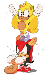 Size: 2521x3832 | Tagged: safe, artist:dirtyteethkoi, artist:dirtyteeths, mighty the armadillo, ray the flying squirrel, 2020, arms out, arms up, blushing, crouching, cute, duo, eyelashes, eyes closed, holding something, huffing, looking offscreen, mightabetes, on head, rayabetes, sack, shadow (lighting), simple background, smile, standing, white background