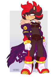 Size: 3236x4852 | Tagged: safe, artist:dirtyteethkoi, artist:dirtyteeths, shadow the hedgehog, 2020, abstract background, blushing, clenched fist, coat, crop top, eyelashes, frown, gender swap, heels, high heels, lidded eyes, looking offscreen, shorts, signature, solo, standing