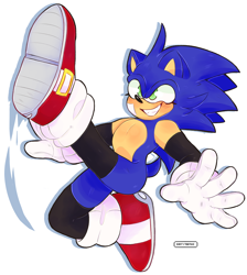 Size: 3957x4418 | Tagged: safe, artist:dirtyteethkoi, artist:dirtyteeths, sonic the hedgehog, 2019, arms out, bandaid, clenched teeth, eyelashes, kicking, long gloves, long socks, looking offscreen, signature, simple background, smile, solo, white background