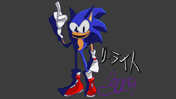 Size: 3840x2160 | Tagged: safe, artist:extremedeath, sonic the hedgehog, oc, oc:rewrite sonic, 2024, clenched fist, grey background, japanese text, looking at viewer, pointing, riders style, signature, simple background, smile, solo, standing, text