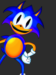 Size: 768x1024 | Tagged: safe, artist:kitzu101, sonic the hedgehog, oc, oc:rewrite sonic, 2025, grey background, hand on hip, looking at viewer, simple background, smile, solo, standing