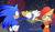 Size: 1709x988 | Tagged: safe, artist:risziarts, sally acorn, sonic the hedgehog, chipmunk, hedgehog, squirrel, alternate outfit, au:sonic world travel, blue power pattern, celebration, clothes, cyan power pattern, dancing, duo, fireworks, sally x sonic, shipping, straight