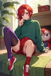 Size: 512x768 | Tagged: safe, ai art, knuckles the echidna, human, asymmetrical legwear, humanized, male, purple eyes, red hair, shoes, shorts, single sock, single thighhigh, sweater