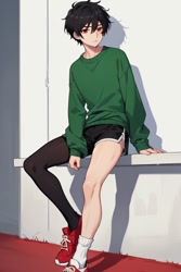 Size: 512x768 | Tagged: safe, ai art, shadow the hedgehog, human, asymmetrical legwear, black hair, humanized, male, red eyes, shoes, shorts, single leg pantyhose, single sock, sweater