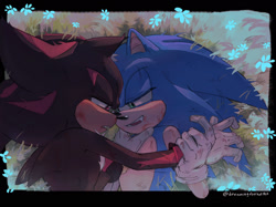 Size: 2048x1535 | Tagged: safe, artist:dreamingforhotp, shadow the hedgehog, sonic the hedgehog, 2025, abstract background, duo, flower, gay, grass, holding each other, lidded eyes, looking at each other, lying down, mouth open, outdoors, shadow x sonic, shipping, signature