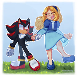 Size: 2048x2015 | Tagged: safe, artist:momokaliq, artist:momoloop, maria robotnik, shadow the hedgehog, human, 2025, blue background, border, cute, duo, eyes closed, flower, grass, holding hands, looking at them, mariabetes, mouth open, outline, shadowbetes, signature, simple background, smile, standing, standing on one leg