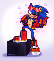 Size: 2048x2327 | Tagged: safe, artist:momokaliq, artist:momoloop, sonic the hedgehog, 2025, boots, ear piercing, earring, gradient background, holding something, lidded eyes, microphone, mouth open, necklace, pointing, rockstar outfit, signature, smile, solo, standing, standing on something, star (symbol), sunglasses, wink