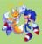 Size: 2048x2130 | Tagged: safe, artist:momokaliq, artist:momoloop, miles "tails" prower, sonic the hedgehog, 2024, clenched fist, cute, duo, eyes closed, green background, high five, looking at them, mid-air, mouth open, one fang, outline, signature, simple background, smile, sonabetes, tailabetes, white outline, wink