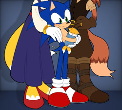 Size: 1952x1757 | Tagged: safe, artist:fredsters-world, amadeus prower, miles "tails" prower, rosemary prower, sonic the hedgehog, 2025, abstract background, aged down, alternate version, au:all for you, baby, blushing, brothers, carrying them, cute, family, father and child, father and son, group, mother and child, mother and son, siblings, signature, smile, standing, story in description, wagging tail, younger