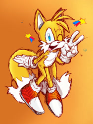 Size: 1536x2048 | Tagged: safe, artist:fredsters-world, miles "tails" prower, 2025, colored version, gradient background, looking at viewer, mouth open, sketch, smile, solo, star (symbol), v sign, wink