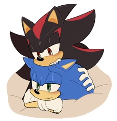 Size: 1243x1280 | Tagged: safe, artist:moonlightsth, shadow the hedgehog, sonic the hedgehog, 2025, arms folded, blushing, duo, ear bite, gay, lidded eyes, shadow x sonic, shipping, simple background, white background