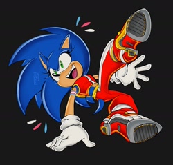 Size: 2017x1928 | Tagged: safe, artist:hesperidiae, sonic the hedgehog, 2025, black background, clothes, eyelashes, looking offscreen, mouth open, posing, signature, simple background, smile, soap shoes, solo, trans female, trans girl sonic, transgender, uekawa style