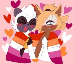 Size: 1993x1721 | Tagged: safe, artist:medleyrush, tangle the lemur, whisper the wolf, 2020, blushing, cute, duo, eyes closed, flat colors, hair over one eye, heart, holding something, lesbian, lesbian pride, lesbian visibility day, looking at viewer, one fang, pink background, pride, shipping, simple background, smile, tangabetes, tangle x whisper, whispabetes