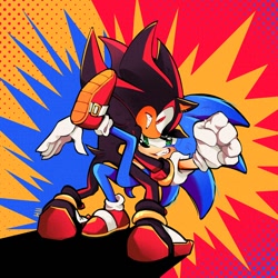 Size: 1000x1000 | Tagged: safe, artist:nieniekoto, shadow the hedgehog, sonic the hedgehog, 2025, abstract background, clenched teeth, duo, frown, gay, holding them, looking at viewer, redraw, shadow x sonic, shipping, smile