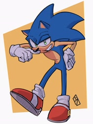 Size: 1550x2048 | Tagged: safe, artist:double_0_snake, sonic the hedgehog, 2025, abstract background, clenched teeth, finger under nose, hand on hip, looking at viewer, signature, smile, solo, standing