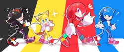 Size: 2048x865 | Tagged: safe, artist:chasyudaaaaa, knuckles the echidna, miles "tails" prower, shadow the hedgehog, sonic the hedgehog, sonic the hedgehog 3 (film), 2025, abstract background, group, looking at them, looking at viewer, outline, sparkles, walking