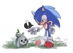 Size: 1814x1320 | Tagged: safe, artist:neku_646611, sonic the hedgehog, sonic frontiers, 2025, duo, exclamation mark, grass, hand on hip, koco, looking at them, mouth open, one fang, simple background, white background