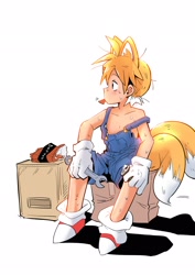 Size: 1446x2048 | Tagged: safe, artist:rodostrail, miles "tails" prower, human, 2025, box, dorito, food, fox ears, fox tail, holding something, humanized, looking offscreen, messy hair, mouth hold, overalls, partially humanized, shadow (lighting), simple background, sitting, solo, sweatdrop, white background, wrench