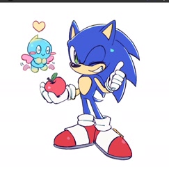 Size: 1483x1524 | Tagged: safe, artist:neku_646611, sonic the hedgehog, chao, 2025, apple, blushing, chaobetes, clenched teeth, cute, eyes closed, flapping wings, flying, food, holding something, neutral chao, smile, standing, thumbs up, wink