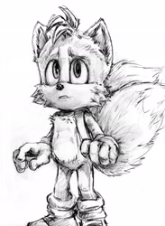 Size: 1502x2048 | Tagged: safe, artist:curly_quills, miles "tails" prower, sonic the hedgehog 3 (film), 2025, backpack, clenched teeth, looking up, monochrome, solo, standing, traditional media