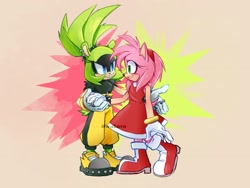 Size: 1911x1436 | Tagged: safe, artist:miralura, amy rose, surge the tenrec, 2025, abstract background, crack shipping, duo, holding hands, lesbian, looking at each other, shipping, smile, standing, surgamy, walking