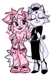 Size: 758x1064 | Tagged: safe, artist:discosmackdown, amy rose, blaze the cat, 2025, alternate outfit, amy x blaze, clothes, duo, eyes closed, hand on hip, heart, lesbian, looking at them, monochrome, shipping, signature, simple background, smile, standing, white background