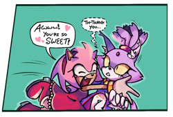 Size: 951x641 | Tagged: safe, artist:wikihowhowtoexist, amy rose, blaze the cat, 2025, amy x blaze, amybetes, blushing, cute, dialogue, duo, english text, eyes closed, green background, heart, heart tongue, hugging, lesbian, redraw, shipping, simple background, smile, speech bubble, standing, surprise hug, surprised, yellow sclera