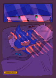 Size: 1489x2048 | Tagged: safe, artist:honestlynotgonnalie, sonic the hedgehog, comic:now what?, 2025, abstract background, bed, comic, english text, fingerless gloves, glasses, lidded eyes, lying down, phone, pillow, solo