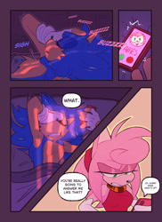 Size: 1489x2048 | Tagged: safe, artist:honestlynotgonnalie, amy rose, sonic the hedgehog, comic:now what?, 2025, abstract background, annoyed, comic, dialogue, duo, english text, holding something, phone, sfx