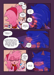 Size: 1489x2048 | Tagged: safe, artist:honestlynotgonnalie, amy rose, sonic the hedgehog, comic:now what?, 2025, abstract background, comic, duo, frown, holding something, lidded eyes, phone, smile, speech bubble