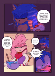 Size: 1489x2048 | Tagged: safe, artist:honestlynotgonnalie, amy rose, sonic the hedgehog, comic:now what?, 2025, abstract background, bowl, comic, dialogue, duo, english text, holding something, outline, phone, sighing, speech bubble