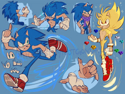 Size: 2048x1535 | Tagged: safe, artist:honestlynotgonnalie, sonic the hedgehog, super sonic, 2024, bandage, blue background, chaos emerald, electricity, fingerless gloves, frown, looking offscreen, pawpads, pointing, reference sheet, running, scarf, signature, simple background, smile, solo, sparkles, super form