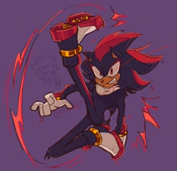 Size: 2048x1973 | Tagged: safe, artist:honestlynotgonnalie, shadow the hedgehog, sonic x shadow generations, 2024, clenched teeth, kicking, looking at viewer, purple background, signature, simple background, solo