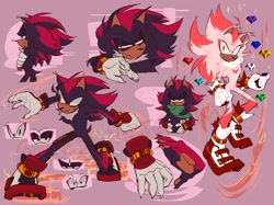 Size: 2048x1535 | Tagged: safe, artist:honestlynotgonnalie, shadow the hedgehog, super shadow, 2024, arms folded, chaos emerald, claws, electricity, frown, gun holster, hand on hip, lidded eyes, pink background, reference sheet, scarf, simple background, skating, solo, super form