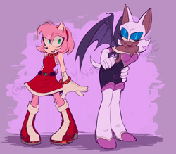 Size: 2048x1792 | Tagged: safe, artist:honestlynotgonnalie, amy rose, rouge the bat, 2024, abstract background, bending over, duo, hands on hips, lidded eyes, looking offscreen, signature, standing