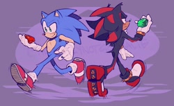 Size: 2048x1256 | Tagged: safe, artist:honestlynotgonnalie, shadow the hedgehog, sonic the hedgehog, 2025, abstract background, chaos emerald, duo, frown, gay, holding something, shadow x sonic, shipping, signature, smile, walking