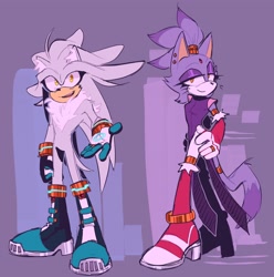 Size: 2028x2048 | Tagged: safe, artist:honestlynotgonnalie, blaze the cat, silver the hedgehog, 2025, duo, looking at viewer, purple background, simple background, smile, standing