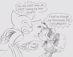 Size: 2048x1602 | Tagged: safe, artist:charmsterz, charmy bee, espio the chameleon, 2025, annoyed, arguement, clenched fists, clenched teeth, dialogue, duo, english text, eyes closed, grey background, line art, looking at them, simple background, tongue out