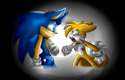 Size: 2592x1656 | Tagged: safe, artist:azuredreamrealm, miles "tails" prower, sonic the hedgehog, 2013, angry, arguement, clenched teeth, duo, ear fluff, gradient background, looking at each other, mouth open, pointing, sonic lost world