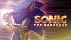 Size: 3840x2160 | Tagged: safe, artist:geki696, artist:mauritaly, sonic the hedgehog, 2018, 3d, abstract background, character name, clenched teeth, looking offscreen, smile, solo, wallpaper