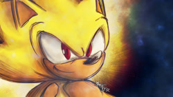 Size: 1600x900 | Tagged: safe, artist:mauritaly, sonic the hedgehog, super sonic, 2017, abstract background, looking offscreen, signature, smile, solo, super form