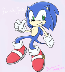 Size: 434x482 | Tagged: safe, artist:segamew, sonic the hedgehog, 2012, clenched teeth, eyelashes, gender swap, looking at viewer, pink background, signature, simple background, smile, solo, thumbs up